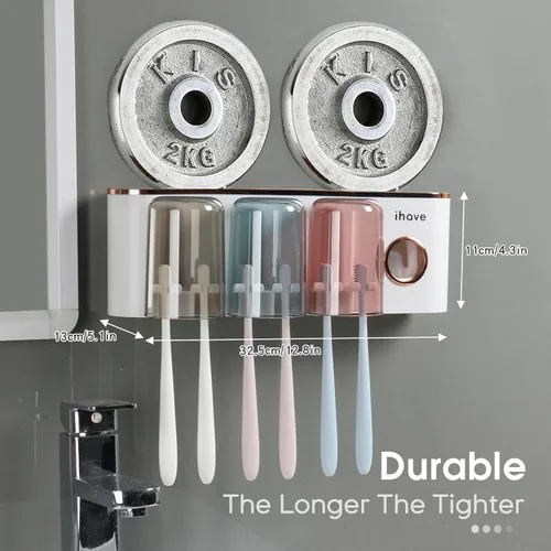 Miniatura 5 de iHave Portacepillos de dientes, accesorios de baño con dispensador de pasta de dientes, 3 tazas, soporte para cepillos de dientes, decoración