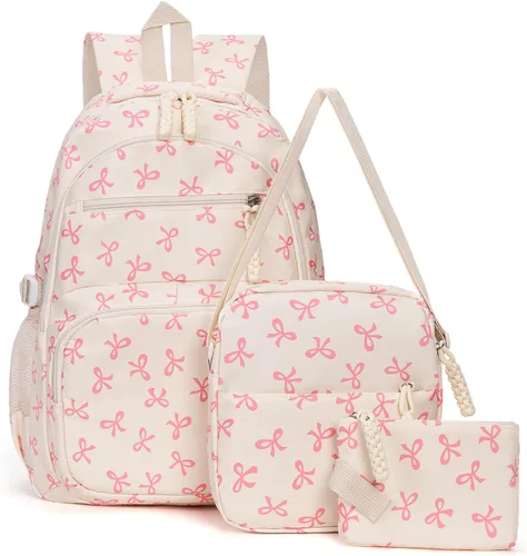 Mochila con lazo para mujer, mochila kawaii de nailon coquette, juego de 3 piezas, linda mochila para computadora portátil universitaria, mochila de