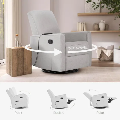 Miniatura 6 de Evolur Raleigh Glider con masajeador en carbón, asiento tapizado de felpa, mecedora giratoria de 360°, certificado FSC, Greenguard Gold y JPMA