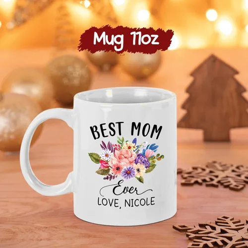 Miniatura 5 de Taza de café con nombre personalizado "Best Mom Ever", regalos para cumpleaños, regalos de niños, taza de café floral personalizada, regalo