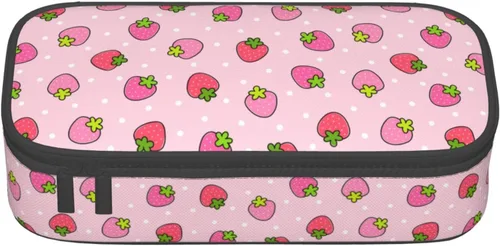 Miniatura 2 de Estuche para lápices con lunares rosados de fresa de gran capacidad, bolsa de papelería con cremallera, soporte portátil para bolígrafos