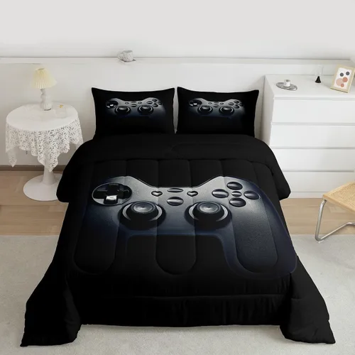 Feelyou Juego de edredón negro para adolescentes y niños, juego de ropa de cama con estampado de consola de videojuegos de 2 piezas, 1 edredón con 1