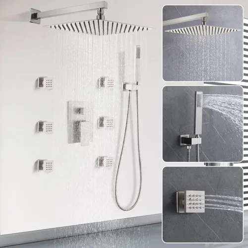Miniatura 9 de Enga Sistema de ducha con chorros corporales de 12 pulgadas, ducha de lluvia montada en la pared y pulverizadores de mano de latón de cuerpo