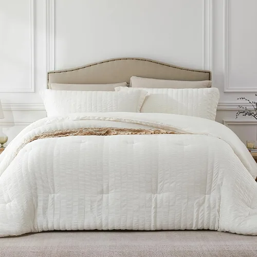 Miniatura 13 de Quataly - Juego de edredón Seersucker tamaño Twin/Twin XL en color blanco; juego de cama de 2 piezas que incluye 1 edredón suave y esponjoso y 1