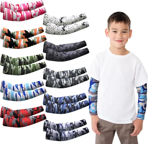 Miniatura 13 de Xuhal 10 pares de mangas de brazo para niños, jóvenes, baloncesto, fútbol, béisbol, protección UV, protección solar, compresión deportiva, cubierta