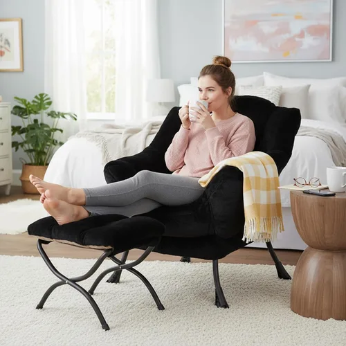 Miniatura 7 de Welnow - Silla perezosa con otomana, moderna silla de descanso con reposabrazos y bolsillo lateral, sillón de sofá tapizado de ocio, sillón de Negro
