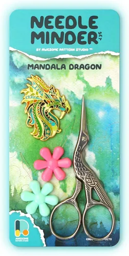 Needle Minder Set – Mandala Dragon Magnetic Needle Minder + 2 enhebradores de agujas + tijeras de grúa. Pin de esmalte para punto de cruz, bordado y