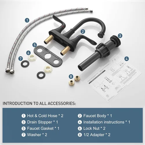 Miniatura 7 de GENBONS Grifos de baño para fregadero de 3 agujeros, 4 pulgadas, color negro mate con drenaje emergente y 2 mangueras de suministro, 2 manijas