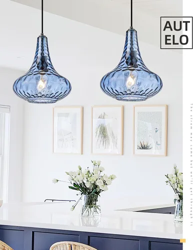 Miniatura 6 de AUTELO Luces Colgantes Azules para Isla de Cocina, Luces Colgantes de Vidrio Martelado de 25.4 cm, Modernas Luminarias Colgantes con Acabado