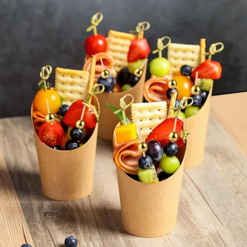 Miniatura 2 de CockStixs 100 tazas de embutidos de 12 onzas con brochetas de bambú, soporte de papel desechable para aperitivos, color marrón con púas de cóctel