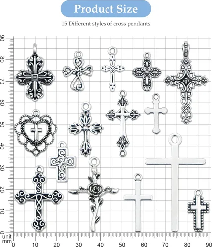 Miniatura 2 de 60 piezas de dijes de cruz de plata antigua, conector de crucifijo de aleación para collares, pulseras, aretes, elaboración de joyas (15 estilos)