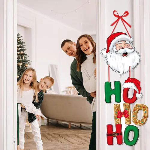 Miniatura 5 de Cartel de Navidad para puerta delantera de porche, decoración de Navidad en rojo y verde, carteles de papel para fiesta, carteles, árboles, alces