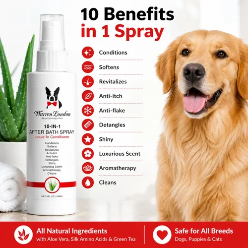 Miniatura 5 de Warren London Spray para Perros 10-en-1 Después del Baño Acondicionador Sin Enjuague y Desenredante para Perros Aloe Vera, Aminoácidos de Seda