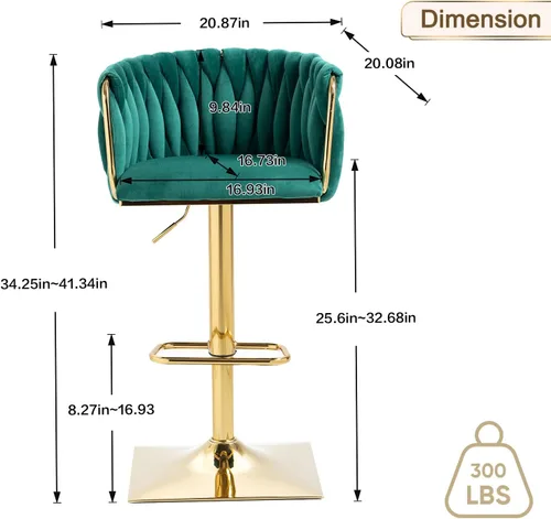 Miniatura 3 de Juego de 2 taburetes de bar giratorios de terciopelo, taburetes de bar ajustables y cómodos, silla de comedor moderna con respaldo tejido, taburetes