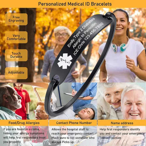 Miniatura 2 de VNOX Pulsera de identificación de alerta médica de acero inoxidable con grabado personalizado gratis
