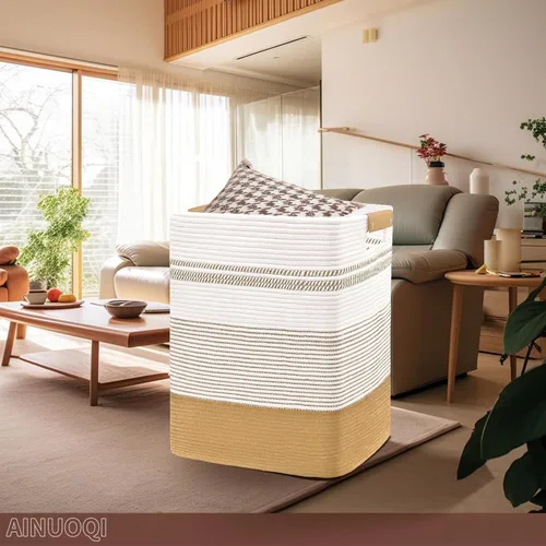 Miniatura 4 de AINUOQI Cesta de Ropa Sucia Grande Cesta de Lavandería con Asas de Cuero, Cesta de Almacenamiento Decorativa de Cuerda de Algodón Tejida para Yute