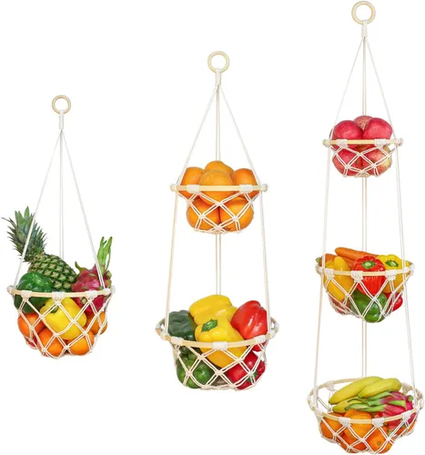 Cesta de frutas colgante de macramé, soporte bohemio para verduras para almacenamiento de alimentos Kichen con gancho, organizador de productos de