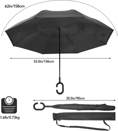 Miniatura 2 de G4Free Paraguas invertido grande de 62 pulgadas con mango en forma de C, resistente al viento, doble capa al revés, paraguas de lluvia