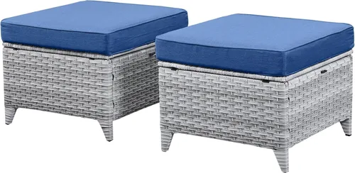 Belord Juego de 2 taburetes otomanos de mimbre de ratán para todo tipo de clima, con cojines suaves para muebles de patio Cojín de mimbre gris