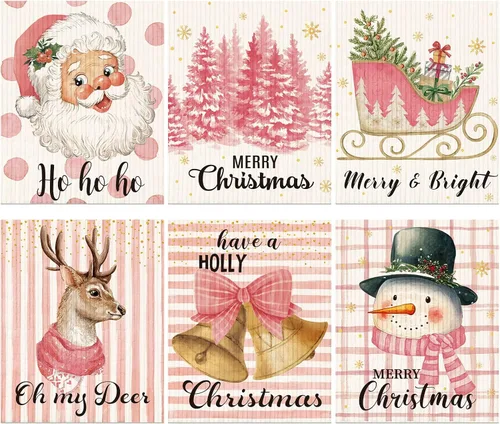 Miniatura 9 de Yinder 6 Piezas Paños de Cocina Suecos de Navidad para Mesa Paños de Platos Reutilizables de Navidad Paños de Limpieza Absorbentes de Secado Rápido