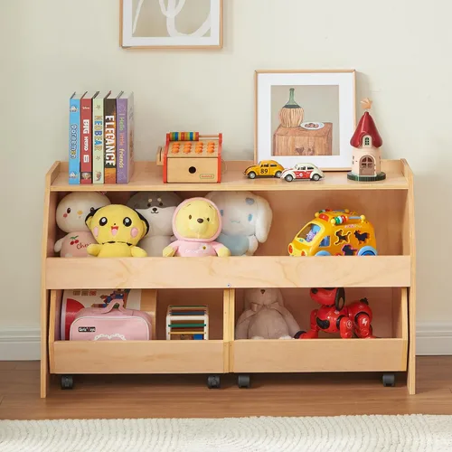 Montessori - Estante organizador de juguetes 3 en 1 para niños con ruedas, 2 cajones extraíbles y armario de almacenamiento de madera de 2 niveles,