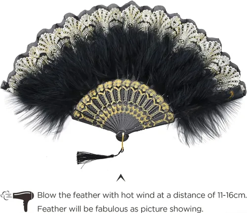 Miniatura 4 de BABEYOND Abanico de plumas de marabú estilo vintage de los años 20, abanico plegable de mano estilo flapper para disfraz y baile
