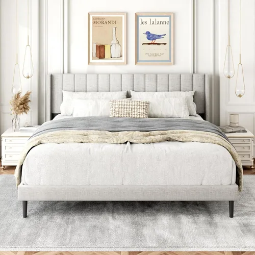Miniatura 20 de Gruwans Estructuras de Cama Individual con Cabecera Wingback, Camas de Plataforma Tapizadas, No Necesita Somier, Soporte Resistente de Listones