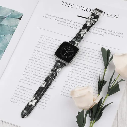 Miniatura 4 de TOYOUTHS Correa de cuero compatible con Fitbit Versa/Versa 2, correas de reloj para mujeres y hombres, pulseras delgadas de cuero genuino de Negro