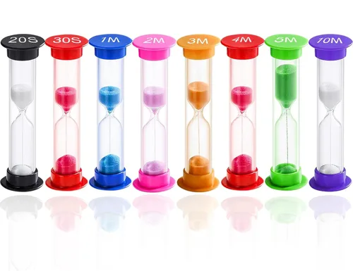 Juego de 8 relojes de arena coloridos para niños, 20 segundos, 30 segundos, 1 minuto, 2 minutos, 3 minutos, 4 minutos, 5 minutos, 10 minutos para