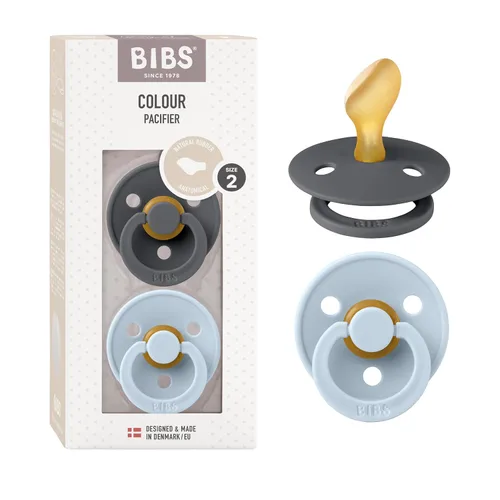 BIBS Chupetes de 6 a 18 meses, paquete de 2 chupetes | Pezón anatómico | Caucho natural sin BPA | Fabricado en Dinamarca | Chupetes de color hierro