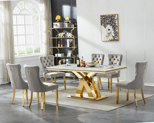 Miniatura 27 de Henf Juego de mesa de comedor de mármol sintético de 68 pulgadas para 6, juego de mesa de comedor de 7 piezas con 6 sillas copetudas de terciopelo