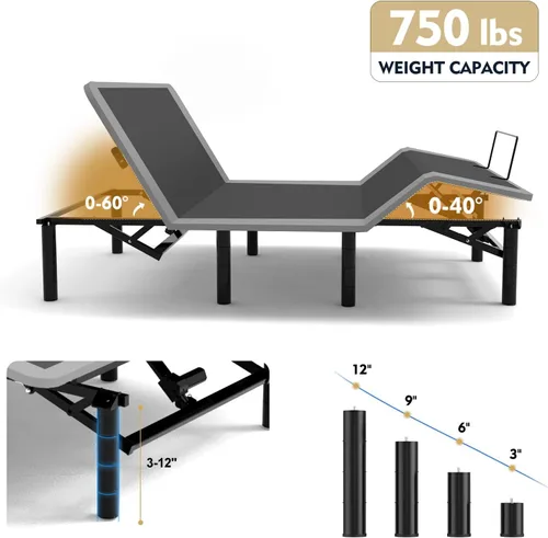 Miniatura 7 de Base de cama ajustable Queen – Base eléctrica ajustable con control remoto inalámbrico, gravedad cero y masaje, carga USB y almacenamiento debajo