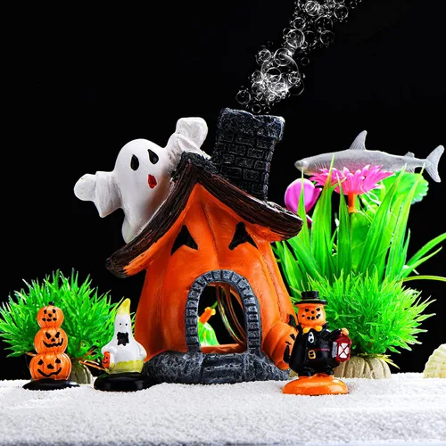 Miniatura 3 de Blulu 4 piezas de decoraciones de Halloween para pecera, figuras en miniatura para interiores y exteriores, resina, fantasma, calabaza, casa