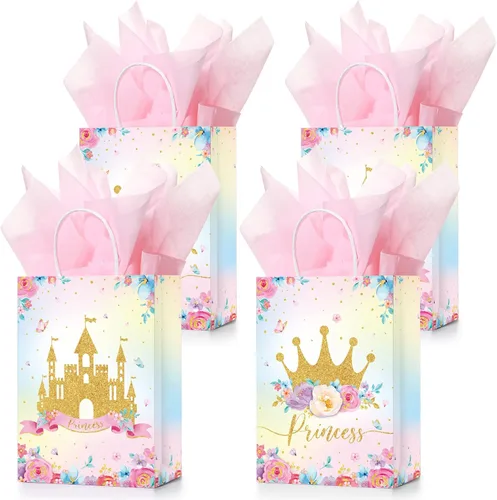 Nezyo 16 bolsas de recuerdo de fiesta de princesa príncipe con asas y papel de seda, bolsas de regalo para cumpleaños, baby shower, regalos de
