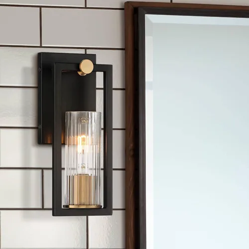 Miniatura 9 de Stiffel Ramos - Juego de 2 apliques de pared industriales modernos de latón cálido negro con cable de 4 1/2 pulgadas, pantalla de vidrio acanalado