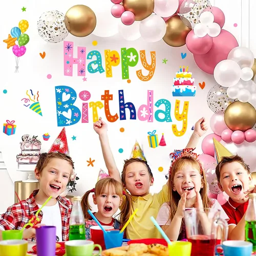 Colorido cartel de feliz cumpleaños, calcomanías de cumpleaños para telón de fondo, decoraciones de fiesta de cumpleaños para niños, pancarta de