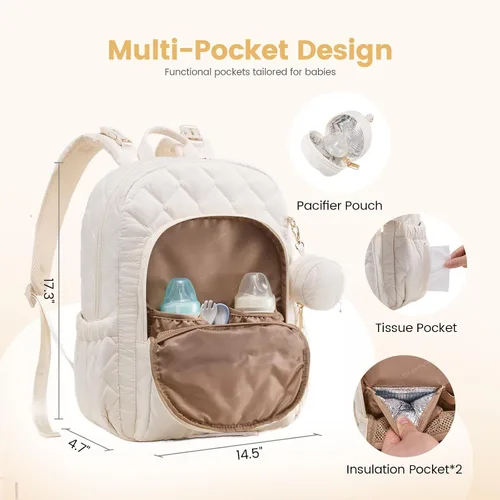 Miniatura 6 de LOVEVOOK Mochila para pañales, bolsa de pañales acolchada para bebé con bolsillos aislados, mochila de pañales de viaje para niños y niñas con Beige