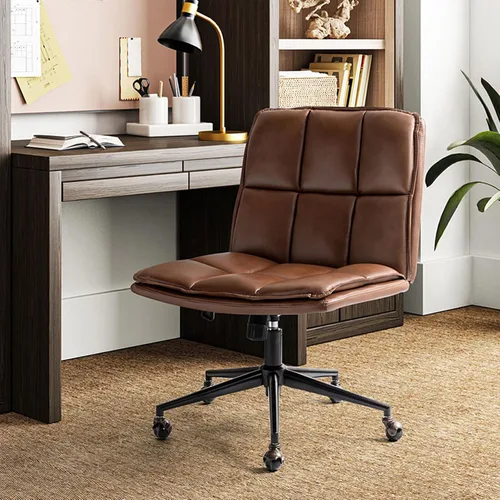 HULALA HOME Modern Faux Leather Home Office Chair with Metal Base & Tilt Lock, Armless Criss Cross Legged Desk Chair with Wheels & Padded Cushion,