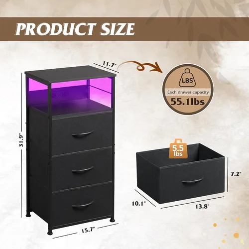 Miniatura 3 de WLIVE Mesita de noche con estación de carga, mesita de noche de 31.9" de altura con 3 cajones de tela, mesa de noche con LED con puertos USB