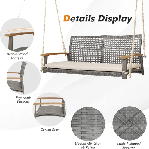 Miniatura 7 de Happygrill Silla de columpio para patio para 2 personas, banco oscilante de ratán al aire libre con reposabrazos de madera de acacia y dos cuerdas