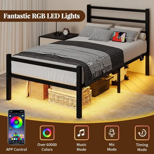 Miniatura 5 de REVOMINCA Marco de cama individual para niños, marco de cama de plataforma de metal tamaño individual con estación de carga y luces LED, marco