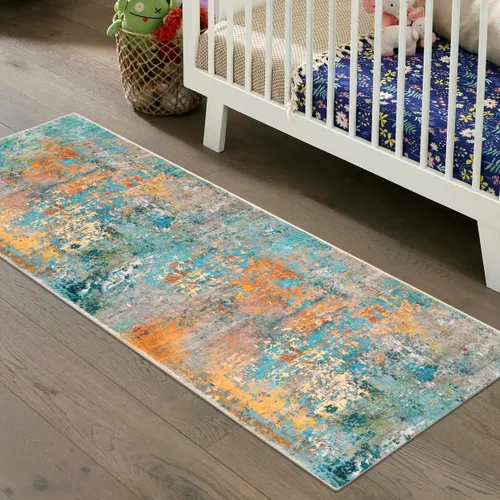 Miniatura 52 de Lahome Alfombra redonda moderna abstracta de 3 pies, color azul, lavable, de 3 x 3 pies, para cocina, entrada, suave, pequeña, antideslizante