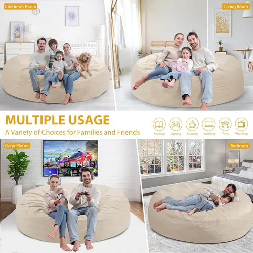 Miniatura 297 de Puf de 5 pies, puf grande con relleno de espuma viscoelástica, sofá puff esponjoso con funda de terciopelo holandés, puf redondo para sala de estar