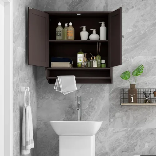 Miniatura 4 de Tangkula Armario de baño montado en la pared, botiquín de baño con barra y puerta doble, estante ajustable, almacenamiento sobre el inodoro, Marrón
