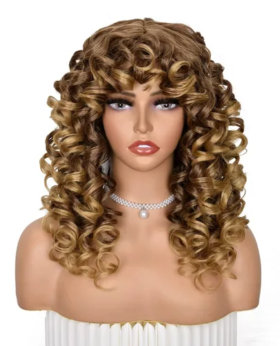 Miniatura 8 de ANNISOUL Pelucas rizadas marrones para mujeres negras, peluca afro larga con flequillo para mujeres, fibra sintética sin pegamento, pelo voluminoso