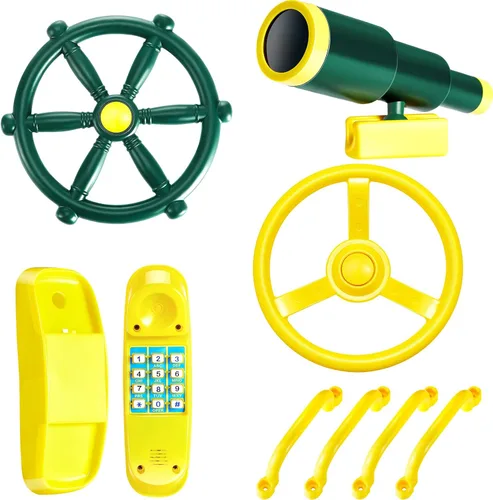 Accesorios para patio trasero, barco de plástico pirata, juego de equipo de plástico con rueda de barco, telescopio, teléfono de seguridad para casa