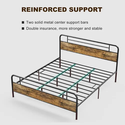 Miniatura 8 de IKIFLY Base de cama California King con cabecero de madera, cama de plataforma de metal California King, listones de acero resistente