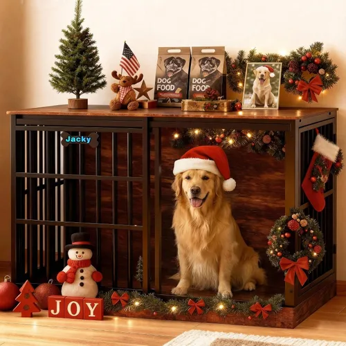 Miniatura 11 de Petrova Mueble de jaula para perros de 47 pulgadas para perros grandes/medianos, resistente para interiores con etiqueta de nombre, jaula de madera