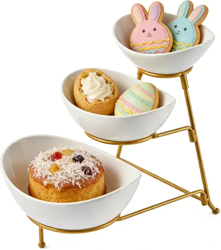 Miniatura 12 de LYEOBOH Juego de soporte y bandejas escalonadas, soporte grande para bandeja escalonada, bandeja para servir de 3 niveles con estante plegable más