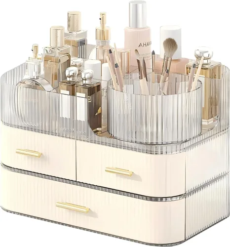 Miniatura 10 de DASITON Organizador de Maquillaje con Cajones y Soporte Giratorio para Brochas de Maquillaje, Organizador de Cosméticos Apilable de Gran Capacidad
